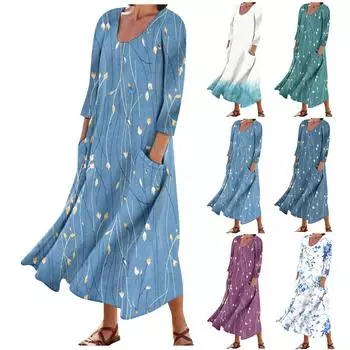 Женское модное повседневное свободное карманное платье с круглым вырезом и рукавами 3/4 L синий