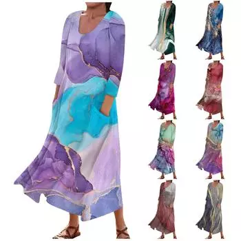 Женское модное повседневное свободное карманное платье с круглым вырезом и рукавами 3/4 L синий