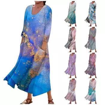 Женское модное повседневное свободное карманное платье с круглым вырезом и рукавами 3/4 L синий