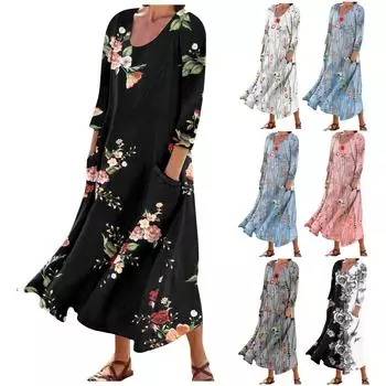 Женское модное повседневное свободное карманное платье с круглым вырезом и рукавами 3/4