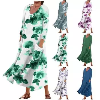 Женское модное повседневное свободное карманное платье с круглым вырезом и рукавами 3/4 L синий