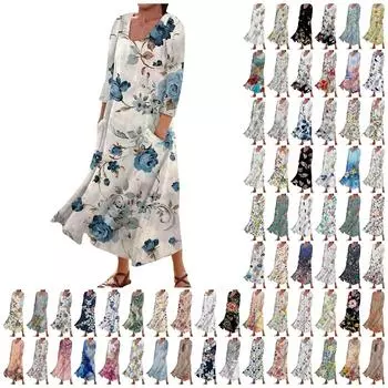 Женское модное повседневное свободное карманное платье с круглым вырезом и рукавами 3/4 L бежевый