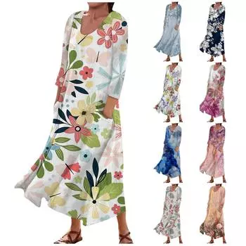 Женское модное повседневное свободное карманное платье с круглым вырезом и рукавами 3/4 L синий