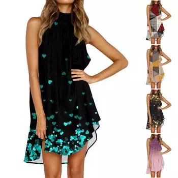 Женское модное повседневное свободное платье без рукавов с нерегулярным принтом XXL чёрный