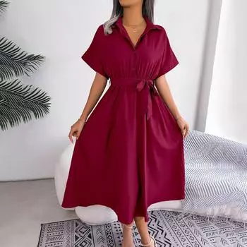 Женское модное повседневное свободное платье-рубашка однотонной расцветки с завязками, длинная юбка L винный
