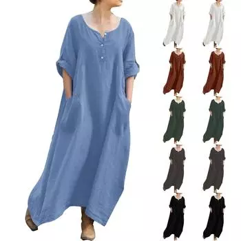 Женское модное повседневное свободное платье с V-образным вырезом и карманом для вечеринок из хлопка и льна L чёрный