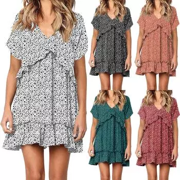 Женское модное повседневное свободное платье с V-образным вырезом и коротким рукавом в горошек L чёрный