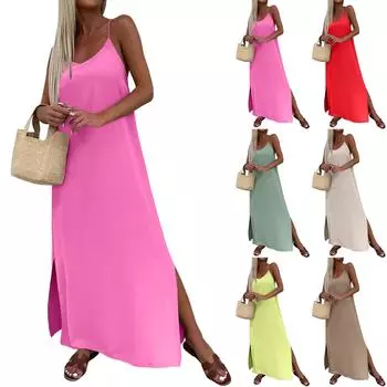 Женское модное повседневное свободное платье с разрезом и подтяжками L бежевый