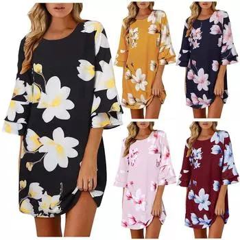 Женское модное повседневное свободное платье средней длины с круглым вырезом и принтом, семиточечное платье L чёрный