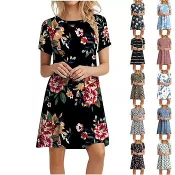 Женское модное повседневное свободное пуловерное платье с круглым вырезом и коротким рукавом со средней талией XL