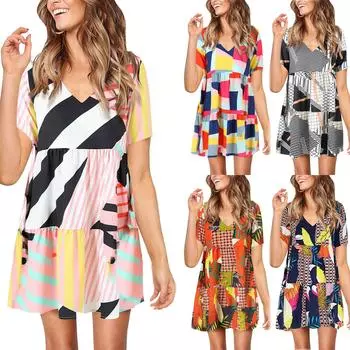 Женское модное повседневное свободное шифоновое платье трапециевидной формы с v-образным вырезом и короткими рукавами S