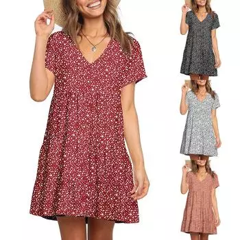 Женское модное повседневное свободное шифоновое платье трапециевидной формы с v-образным вырезом и короткими рукавами S серый