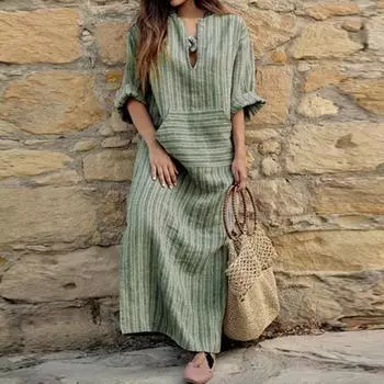 Женское модное повседневное темпераментное длинное платье с v-образным вырезом на весну и лето, новое женское свободное длинное платье из хлопка и конопли большого размера с карманами L зелёный