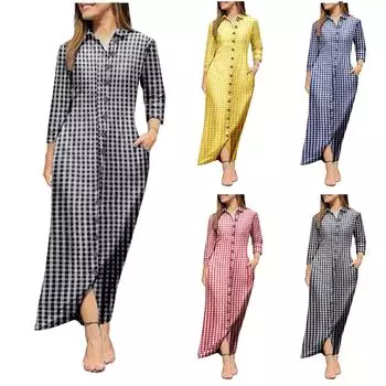 Женское модное повседневное темпераментное свободное клетчатое платье с длинными рукавами и рубашкой на пуговицах, длинное платье L синий