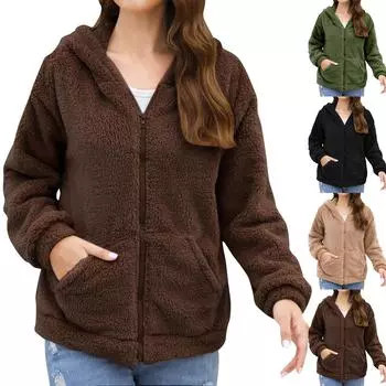 Женское модное повседневное толстое плюшевое пальто с капюшоном L чёрный