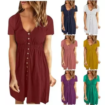 Женское модное повседневное удобное однотонное платье длиной до колена с коротким рукавом и круглым вырезом на пуговицах L зелёный