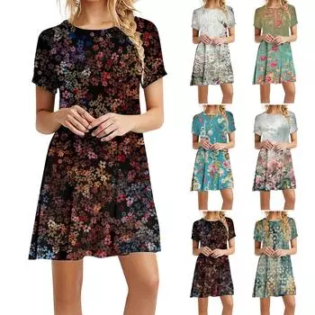 Женское модное повседневное универсальное летнее платье в стиле ретро с круглым вырезом и коротким рукавом M чёрный