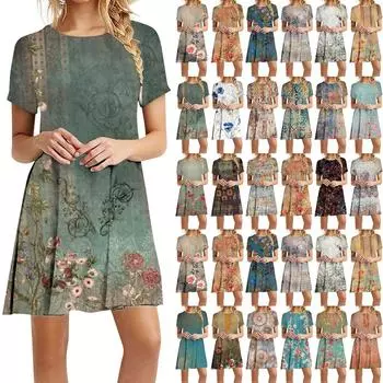 Женское модное повседневное универсальное летнее платье в стиле ретро с круглым вырезом и коротким рукавом M оранжевый