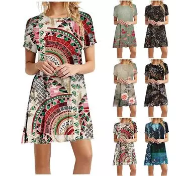 Женское модное повседневное универсальное летнее платье в стиле ретро с круглым вырезом и коротким рукавом XXL тёмно-синий