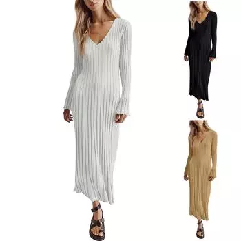 Женское модное повседневное утягивающее однотонное плиссированное платье с v-образным вырезом и завязками на талии, однотонное платье в полоску XL белый