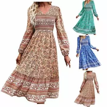 Женское модное повседневное весенне-летнее платье с длинным рукавом и v-образным вырезом до щиколотки L небесно-голубой