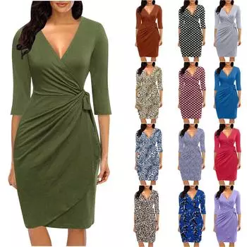 Женское модное повседневное весенне-летнее платье до колена с v-образным вырезом и рукавами с семью точками XXL армия зеленый