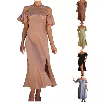 Женское модное повседневное весенне-летнее платье с коротким рукавом и круглым вырезом до щиколотки L чёрный