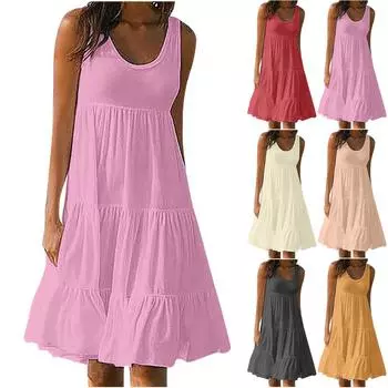 Женское модное праздничное летнее пляжное платье без рукавов с принтом и круглым вырезом M розовый