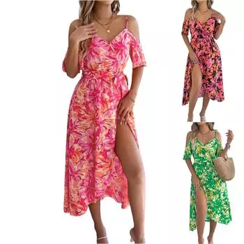 Женское модное праздничное платье с открытыми плечами, V-образным вырезом, коротким рукавом и цветочным принтом L зелёный