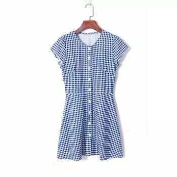 Женское модное приталенное молодежное платье с круглым вырезом и короткими рукавами Blue and White grid S