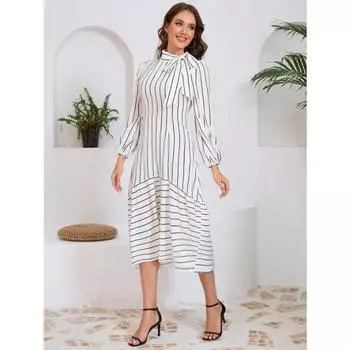 Женское модное профессиональное платье Senior Sense с воротником-стойкой в тонкую полоску S чёрный