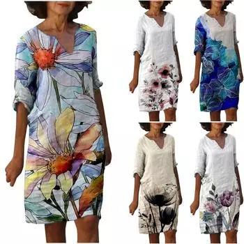 Женское модное пуловерное платье с v-образным вырезом и половиной рукавов с принтом L темно-синий