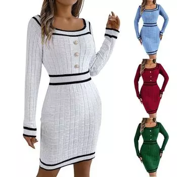 Женское модное ретро-платье с цветными блоками и квадратным вырезом на пуговицах с длинным рукавом и длинными рукавами L зелёный