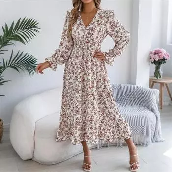 Женское модное ретро платье с цветочным принтом, длинным рукавом, приталенное, А-силуэта, с V-образным вырезом, пуловер S белый