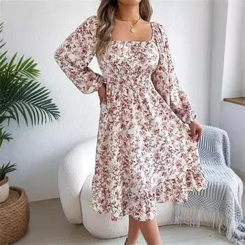 Женское модное ретро платье с цветочным принтом, длинным рукавом, приталенное, А-силуэта, пуловер S белый