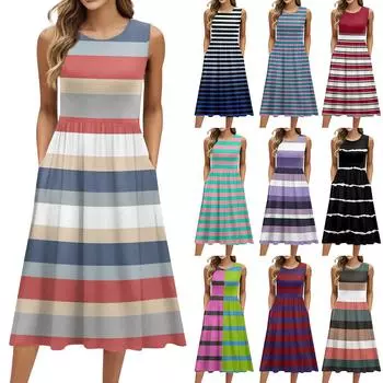 Женское модное ретро-платье с цветочным принтом, круглым вырезом, без рукавов, повседневным свитером и карманом средней длины L чёрный