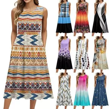 Женское модное ретро-платье с цветочным принтом, круглым вырезом, без рукавов, повседневным свитером и карманом средней длины L чёрный