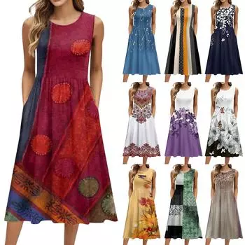 Женское модное ретро-платье с цветочным принтом, круглым вырезом, без рукавов, повседневным свитером и карманом средней длины XL хаки