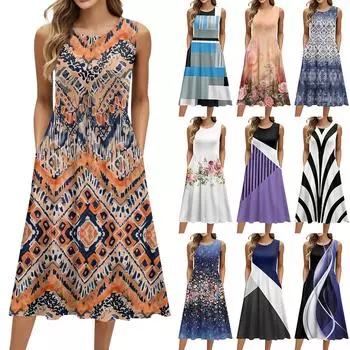 Женское модное ретро-платье с цветочным принтом, круглым вырезом, без рукавов, повседневным свитером и карманом средней длины L чёрный