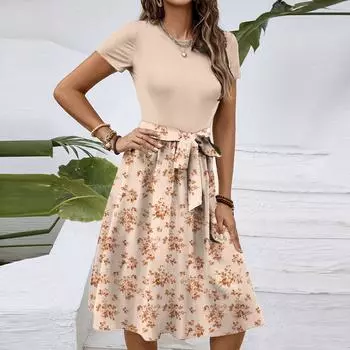 Женское модное ретро-платье с принтом и цветным поясом L бежевый