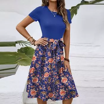 Женское модное ретро-платье с принтом и цветным поясом L синий