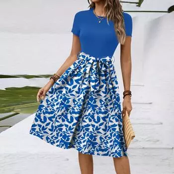 Женское модное ретро-платье с принтом и цветным поясом L темно-синий