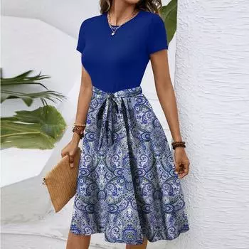 Женское модное ретро-платье с принтом и цветным поясом L синий