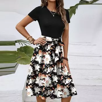 Женское модное ретро-платье с принтом и цветным поясом L чёрный