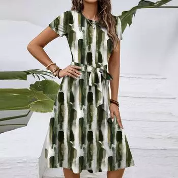 Женское модное ретро-платье с принтом и цветным поясом L зелёный