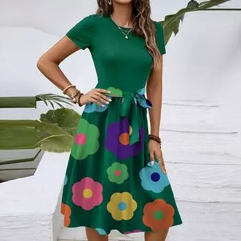 Женское модное ретро-платье с принтом и цветным поясом M