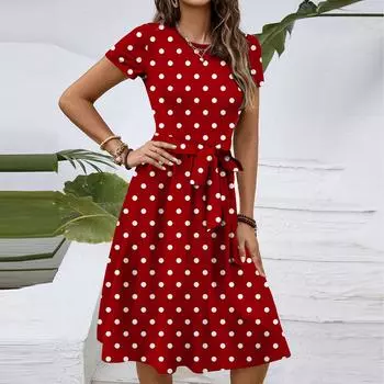 Женское модное ретро-платье с принтом и цветным поясом L красный