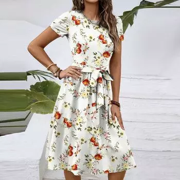 Женское модное ретро-платье с принтом и цветным поясом M оранжевый