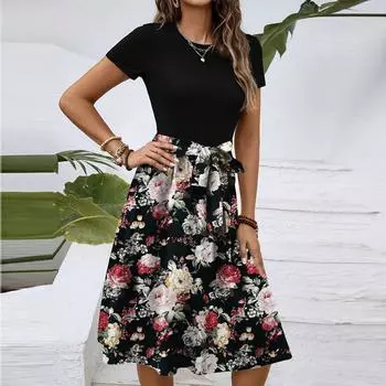 Женское модное ретро-платье с принтом и цветным поясом M чёрный