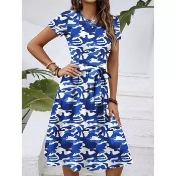 Женское модное ретро-платье с принтом и цветным поясом XXL синий